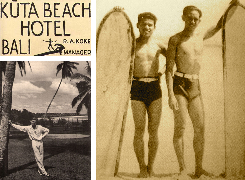 Top Left: The Kuta Beach Hotel served as the island’s original surf accommodations, spawning a copycat of the same name in its early years Photo: Robert Koke. Bottom Left: Bob Koke on the lawn of the Kuta Beach Hotel. Photo: Louise Koke. Right: Hotel workers with the boards they used for surfing lessons Photo: Robert Koke.